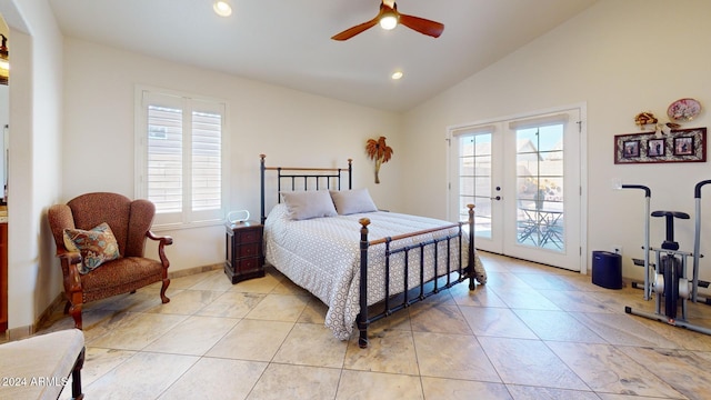 bedroom with french doors, access to outside, ceiling fan, and lofted ceiling