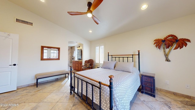 bedroom with high vaulted ceiling, ceiling fan, and light tile patterned flooring