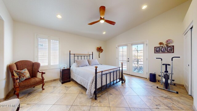 bedroom featuring access to exterior, ceiling fan, multiple windows, and vaulted ceiling