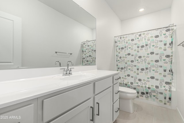 9901 E Tamery Ave, Mesa, AZ 85212 - full bath featuring vanity, toilet, shower / bathtub combination with curtain, tile patterned flooring, and recessed lighting