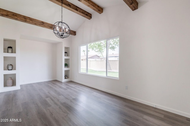 3620 E Ludlow Dr, Phoenix, AZ 85032 - unfurnished living room featuring dark wood-type flooring, a chandelier, built in shelves, and baseboards