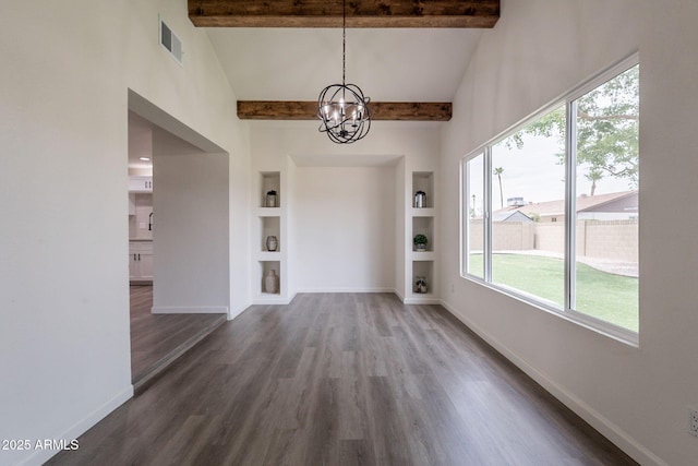 3620 E Ludlow Dr, Phoenix, AZ 85032 - unfurnished dining area featuring beamed ceiling, built in features, dark wood-style floors, baseboards, and a chandelier