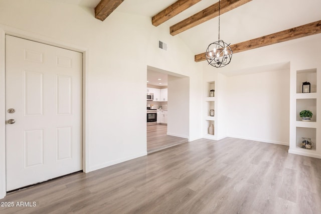3620 E Ludlow Dr, Phoenix, AZ 85032 - unfurnished living room featuring a chandelier, light wood-style flooring, built in features, baseboards, and beamed ceiling