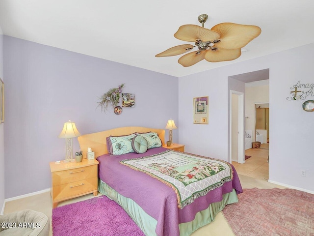 tiled bedroom featuring ceiling fan