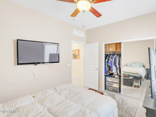 bedroom featuring ceiling fan and a closet