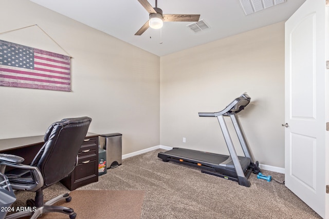 office area featuring ceiling fan and carpet floors