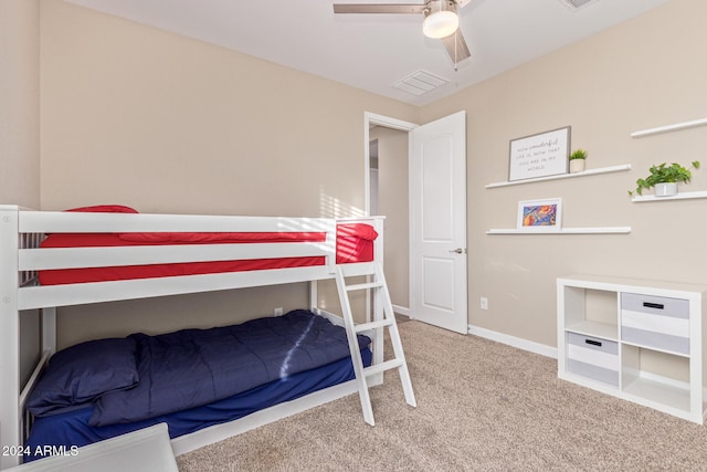 bedroom featuring ceiling fan and carpet floors