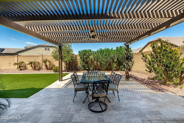 view of patio / terrace featuring a fenced backyard, outdoor dining space, and a pergola