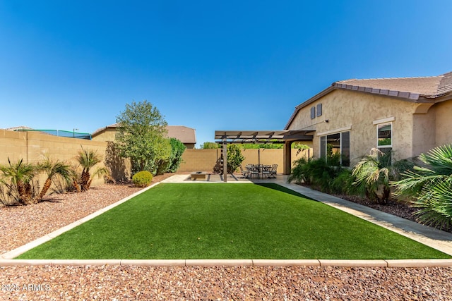 view of yard featuring a patio, a fenced backyard, and a pergola