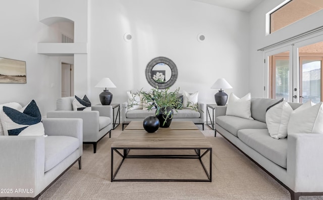 living area with a high ceiling