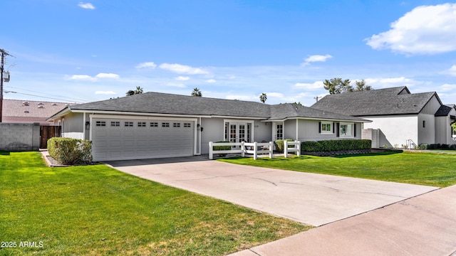 single story home featuring driveway, a front yard, an attached garage, and fence