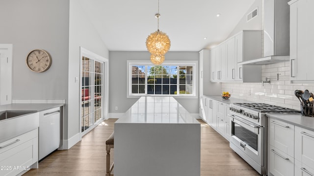 kitchen with tasteful backsplash, dishwasher, vaulted ceiling, light wood-style flooring, and high end stainless steel range