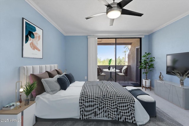 carpeted bedroom with a ceiling fan, access to outside, and crown molding