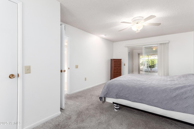 bedroom with access to exterior, light colored carpet, a textured ceiling, and ceiling fan