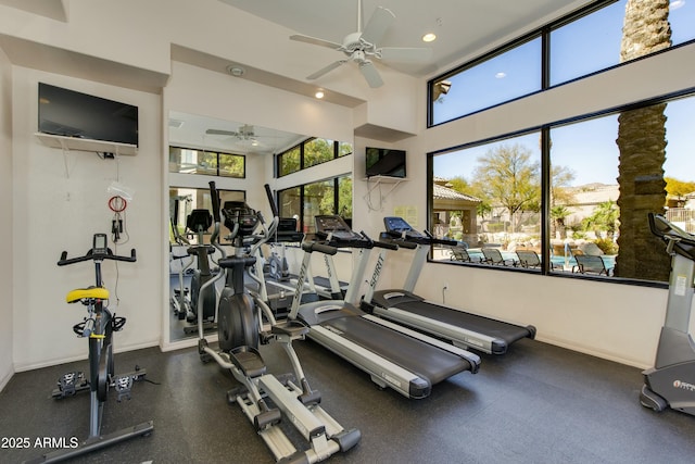 exercise room with a high ceiling