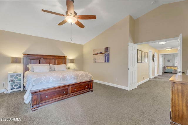 1264 S Sierra St, Gilbert, AZ 85296 - carpeted bedroom featuring baseboards, high vaulted ceiling, and ceiling fan