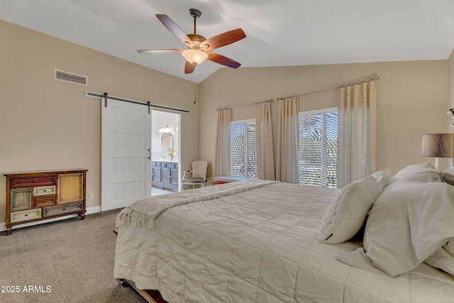 1264 S Sierra St, Gilbert, AZ 85296 - bedroom featuring lofted ceiling, a barn door, carpet flooring, baseboards, and ceiling fan