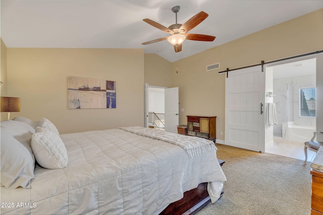 1264 S Sierra St, Gilbert, AZ 85296 - bedroom featuring a barn door, lofted ceiling, a ceiling fan, baseboards, and connected bathroom