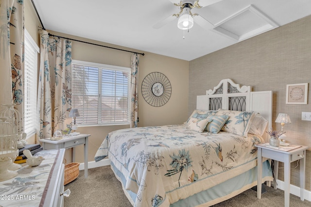 1264 S Sierra St, Gilbert, AZ 85296 - carpeted bedroom featuring baseboards, ceiling fan, and attic access