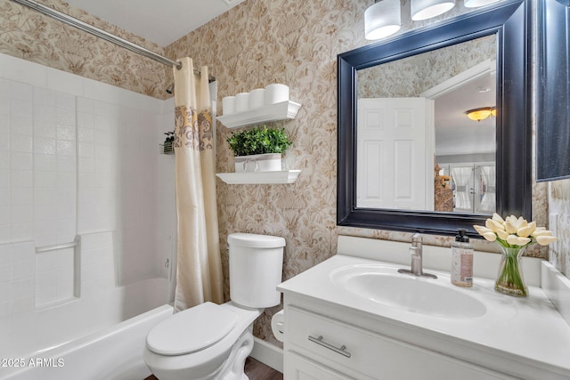 1264 S Sierra St, Gilbert, AZ 85296 - bathroom with wallpapered walls, shower / bathtub combination with curtain, vanity, and toilet