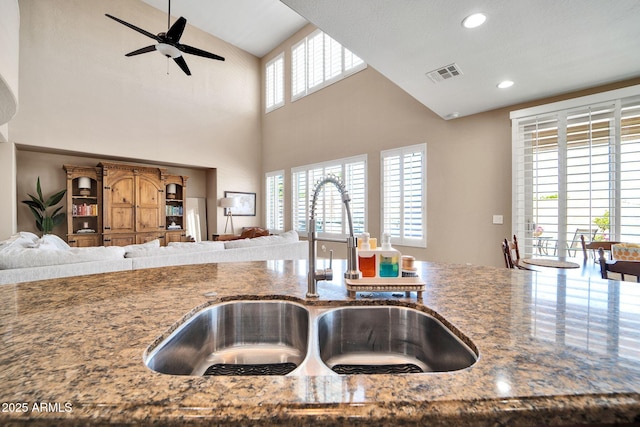 kitchen with ceiling fan, high vaulted ceiling, a wealth of natural light, and sink