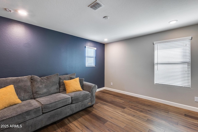 living room featuring dark wood-type flooring