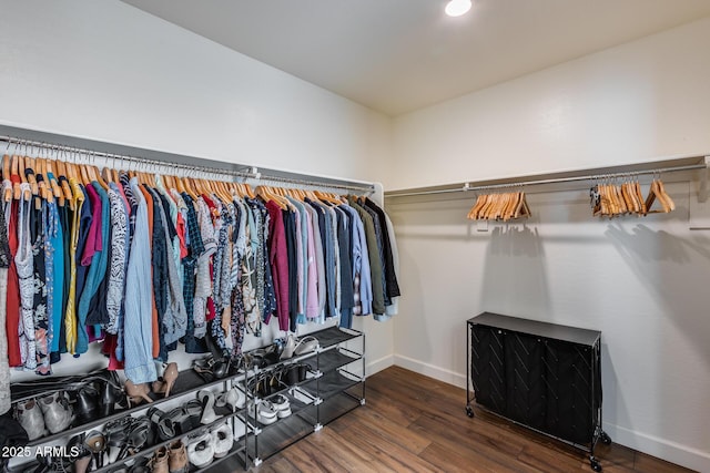 spacious closet with dark wood-type flooring