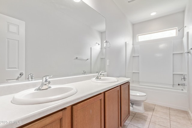 full bathroom featuring shower / tub combination, vanity, toilet, and tile patterned flooring