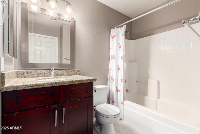 full bathroom with vanity, shower / bath combo with shower curtain, and toilet