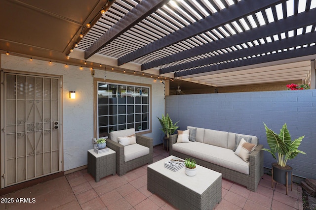 view of patio featuring a pergola, an outdoor hangout area, and a fenced backyard