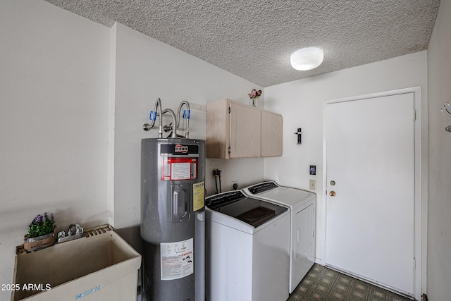 laundry area featuring water heater, a sink, separate washer and dryer, cabinet space, and a textured ceiling