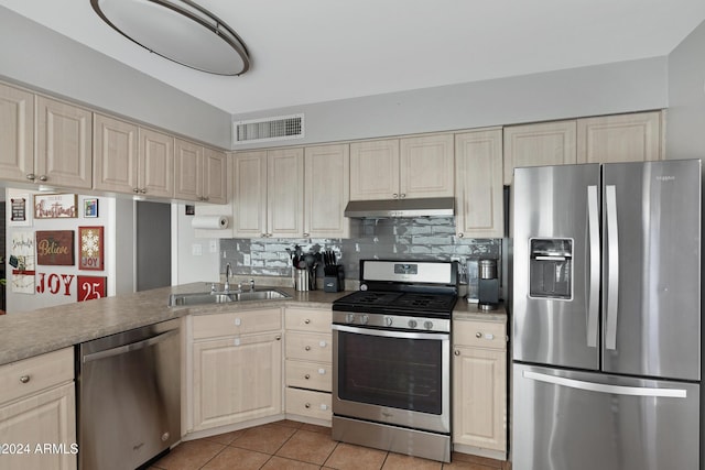 kitchen with light tile patterned floors, backsplash, stainless steel appliances, and sink