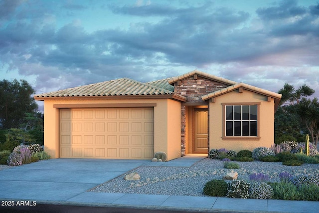 12239 W Caraveo Pl, Peoria, AZ 85383 - mediterranean / spanish-style home featuring a tile roof, a garage, concrete driveway, and stucco siding