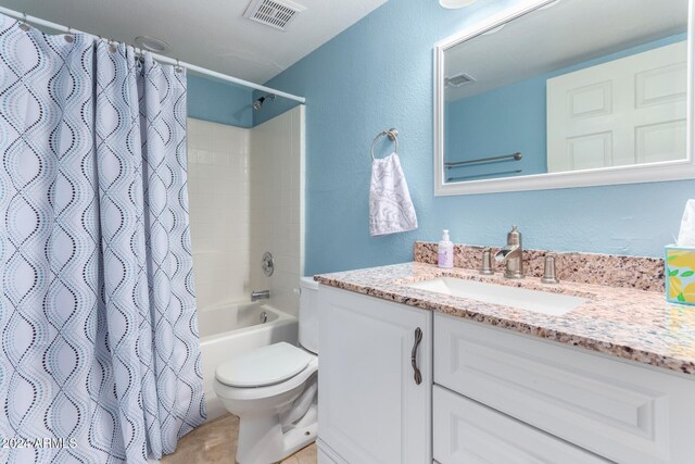 full bathroom with vanity, toilet, and shower / bathtub combination with curtain