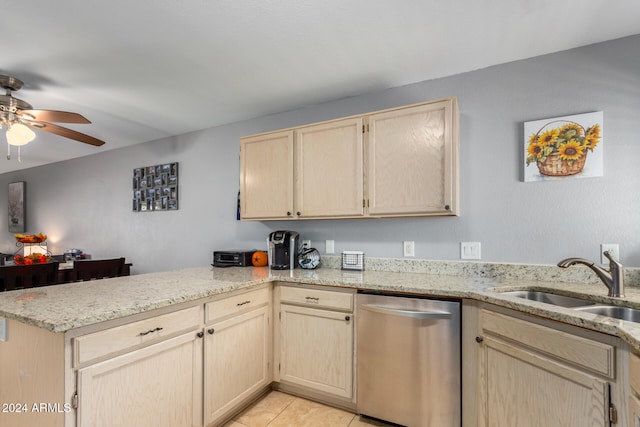 kitchen featuring kitchen peninsula, sink, light brown cabinets, light tile patterned floors, and dishwasher