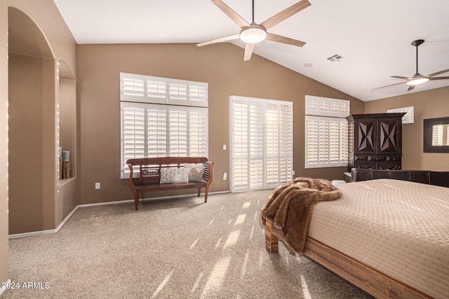 carpeted bedroom with ceiling fan and lofted ceiling