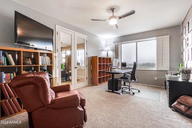 office area with ceiling fan, french doors, and carpet flooring