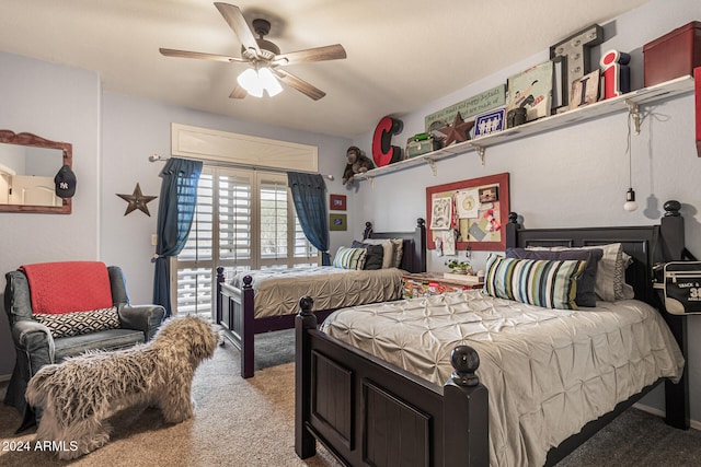 bedroom featuring ceiling fan and light colored carpet