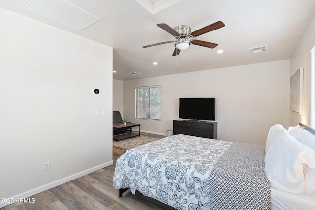 bedroom featuring ceiling fan and light wood-type flooring