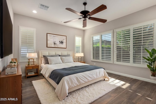 13448 W Miner Trl, Peoria, AZ 85383 - bedroom with dark wood-type flooring, baseboards, recessed lighting, and ceiling fan