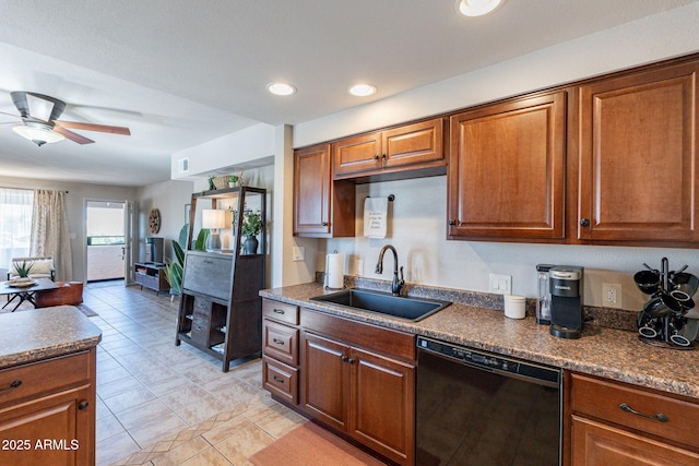 12635 N La Montana Dr Unit 17, Fountain Hills, AZ 85268 - kitchen featuring black dishwasher, a sink, ceiling fan, brown cabinetry, and recessed lighting