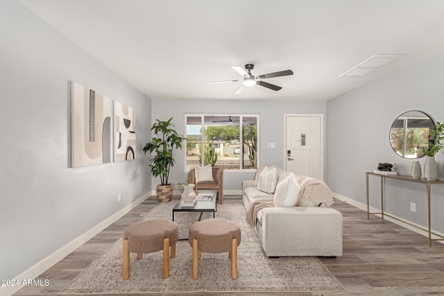 living room featuring ceiling fan and wood-type flooring