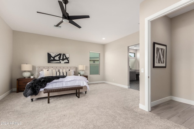 carpeted bedroom featuring ceiling fan