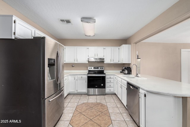 kitchen featuring sink, white cabinetry, stainless steel appliances, light tile patterned flooring, and kitchen peninsula