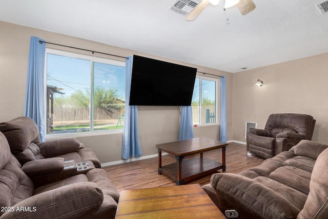 living room with wood-type flooring, a textured ceiling, and a wealth of natural light