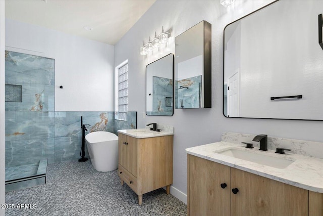 bathroom featuring vanity, separate shower and tub, and tile walls