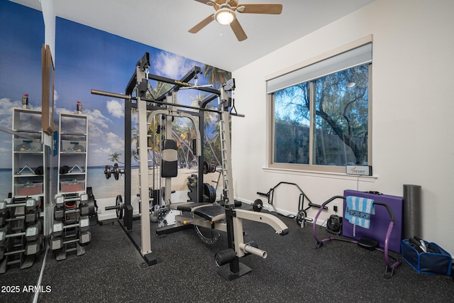 workout area with ceiling fan