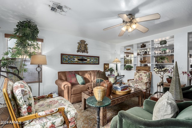 living room featuring ceiling fan