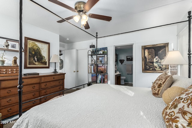 bedroom with ensuite bath and ceiling fan