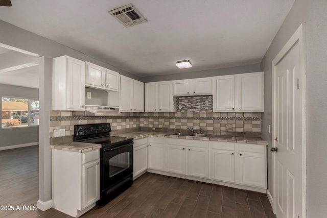 3402 W Tonto St W, Phoenix, AZ 85009 - kitchen featuring black / electric stove, tile counters, under cabinet range hood, dark wood finished floors, and decorative backsplash